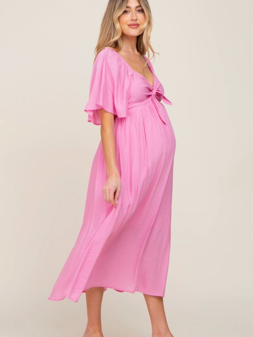 PinkBlush Pink Front Tie Ruffle Sleeve Maternity Midi Dress Small